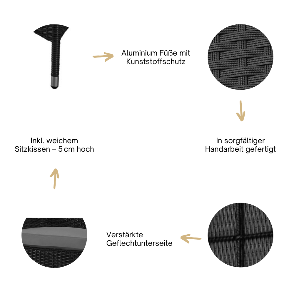 Detailbild: Schwarzer Stuhl mit Alufüßen, 5 cm Sitzkissen, Handarbeit und verstärkter Geflechtunterseite.