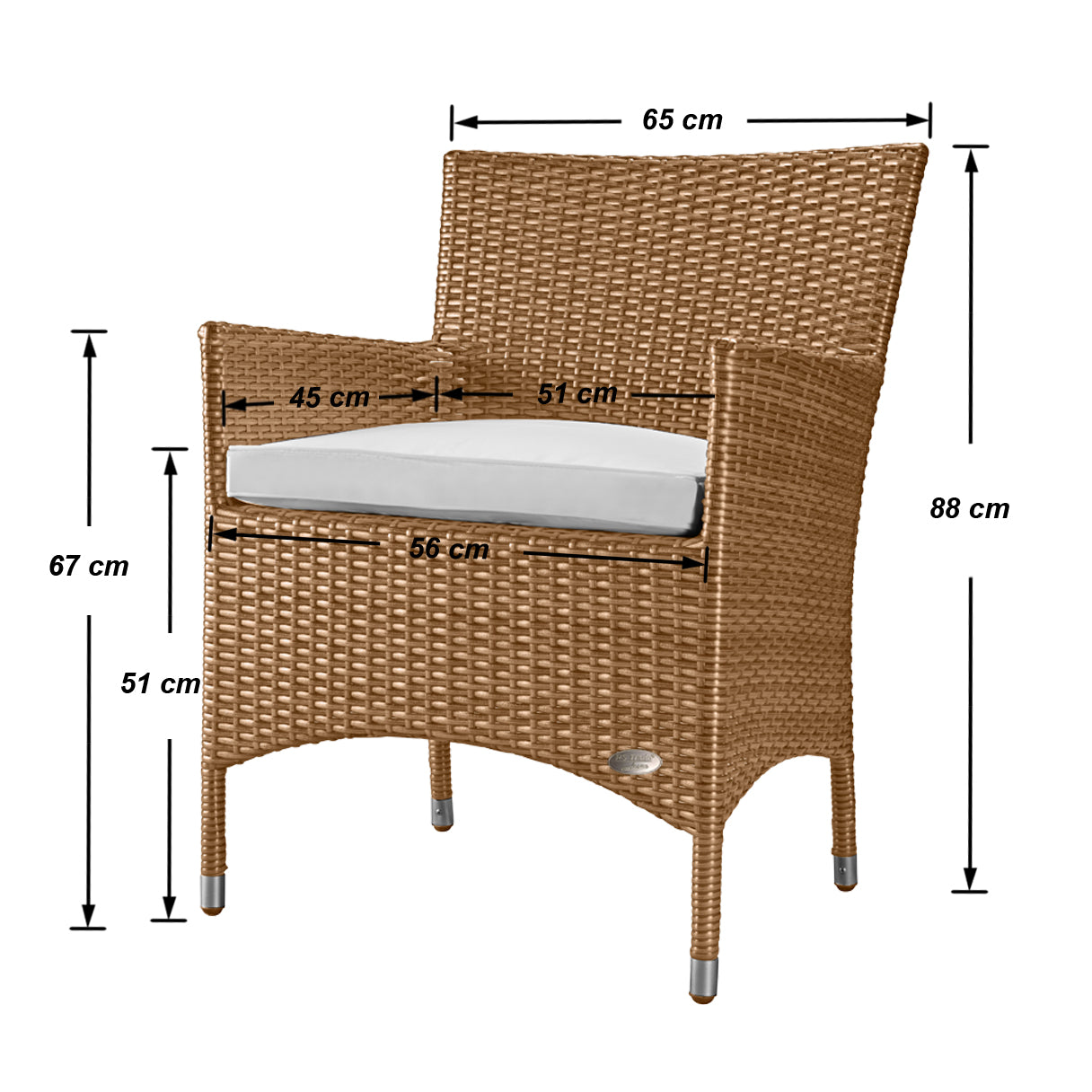Naturfarbener Rattanstuhl mit weißem Sitzkissen, dargestellt mit detaillierten Maßangaben in Zentimetern.