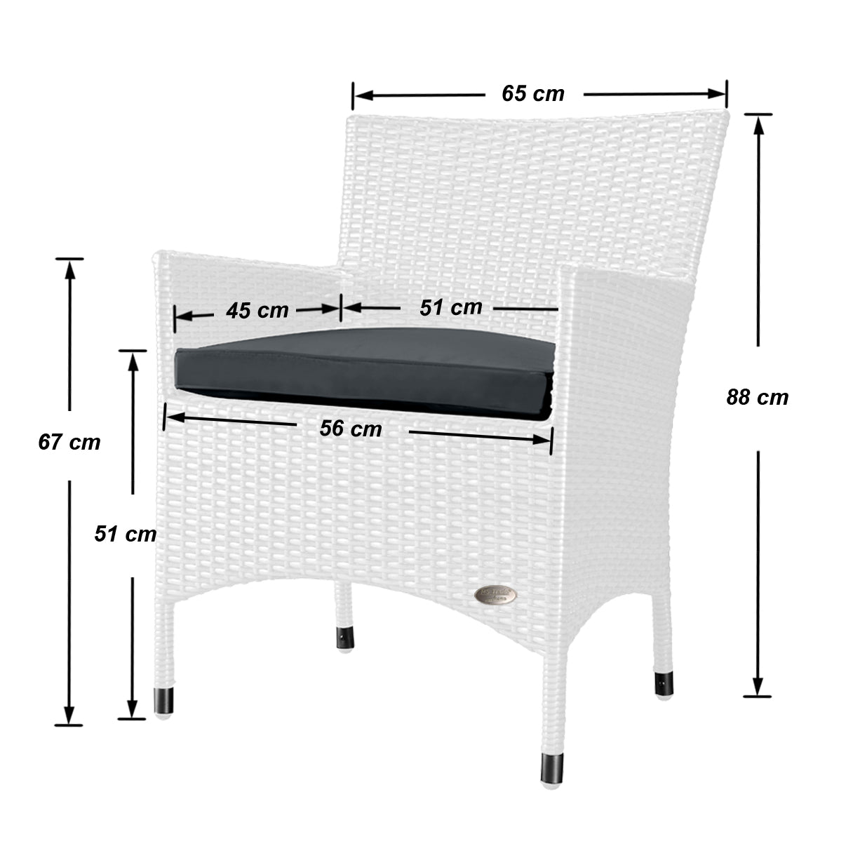 Weißer Rattanstuhl mit dunklem Sitzkissen, abgebildet mit detaillierten Maßangaben in Zentimetern.