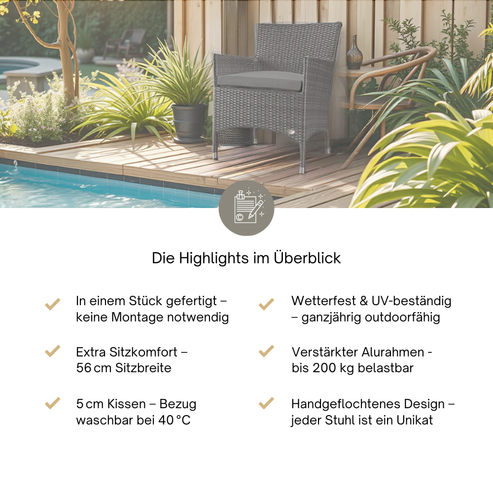 Grauer Rattanstuhl auf Holzterrasse am Pool, darunter Highlights zu Komfort, Qualität und Outdoor-Nutzung.