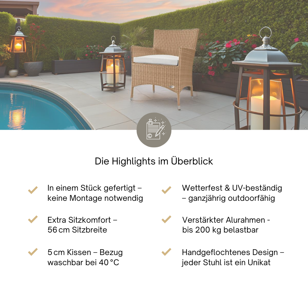 Naturfarbener Rattanstuhl am Pool, daneben Highlights zu Komfort, Stabilität und Wetterbeständigkeit.