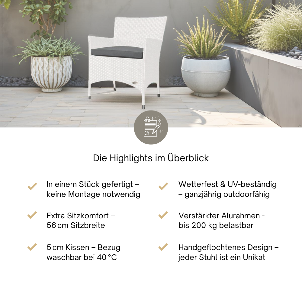 Weißer Rattanstuhl auf Terrasse, daneben Stichpunkte zu Komfort, Stabilität und Wetterbeständigkeit.