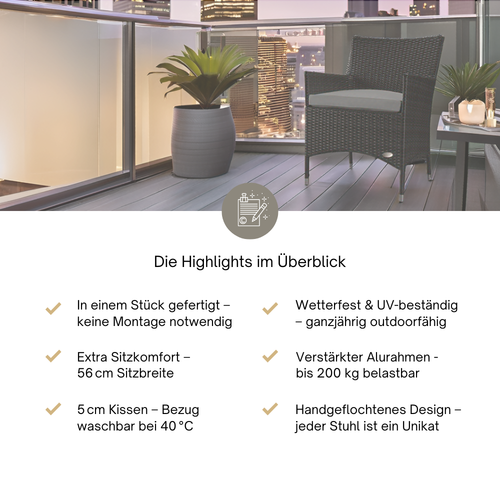 Schwarzer Rattanstuhl mit grauem Kissen auf Balkon, darunter Highlights zu Komfort, Design und Qualität.