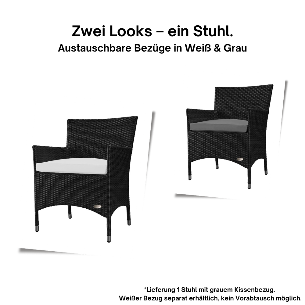 Zwei schwarze Rattanstühle mit austauschbaren Kissenbezügen in Weiß und Grau nebeneinander dargestellt.