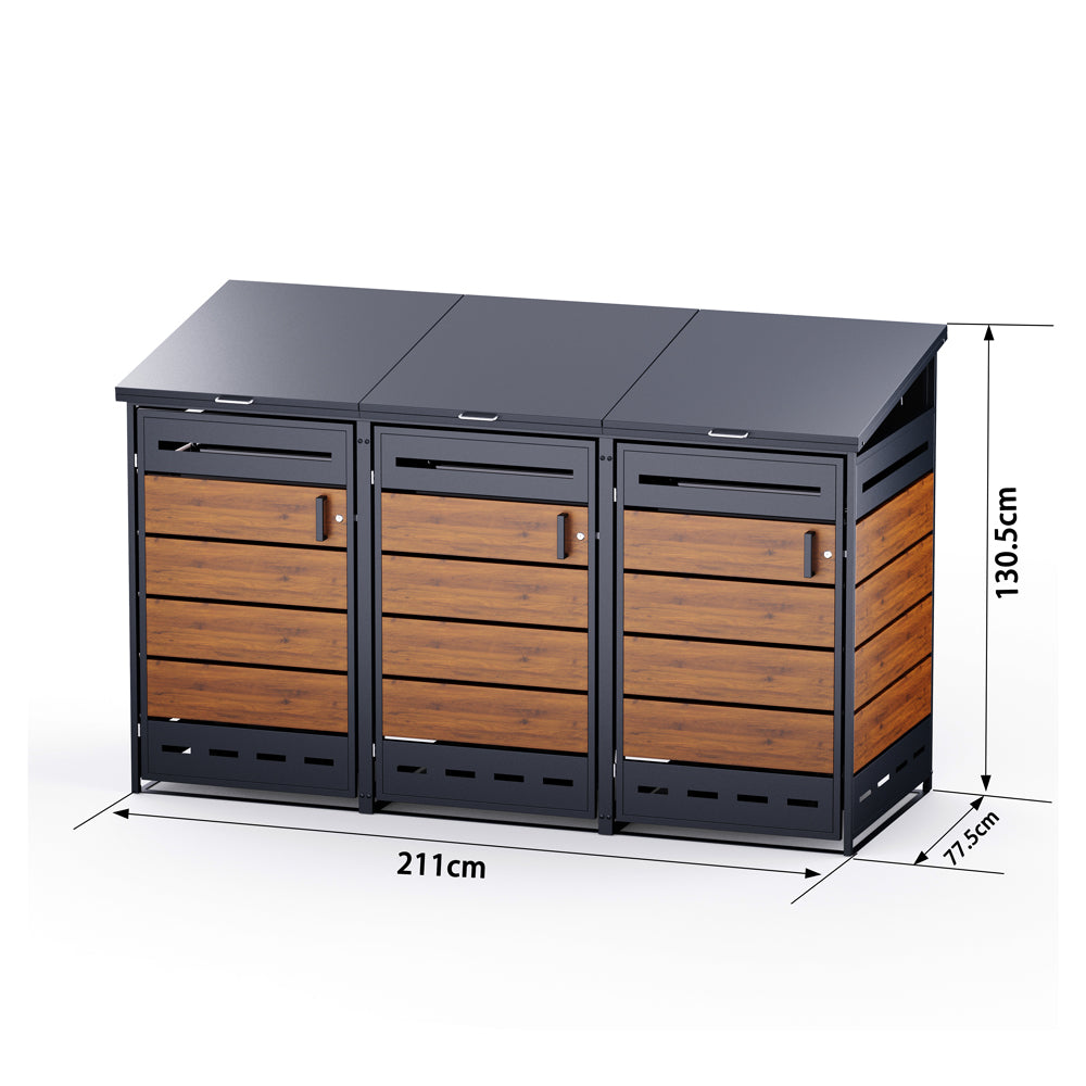Dreifache Mülltonnenbox aus Metall und Holzoptik mit Maßangaben zu Höhe, Breite und Tiefe.