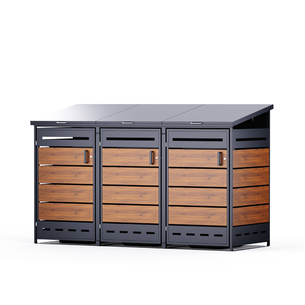 Dreifache Mülltonnenbox aus Metall und Holzoptik mit geschlossenen Türen und Deckeln.