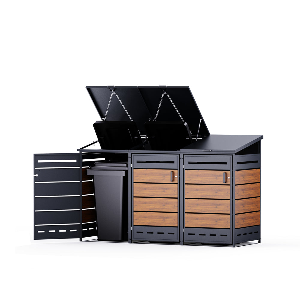 Geöffnete Mülltonnenbox aus Metall und Holzoptik mit geöffneten Deckeln und Tür.