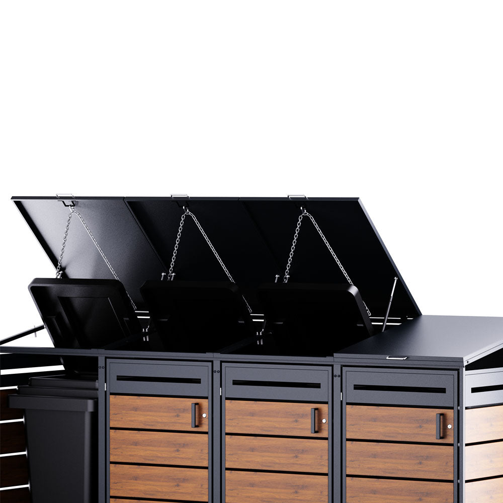 Geöffnete Mülltonnenbox aus Metall und Holzoptik mit geöffneten Deckeln und Tür.