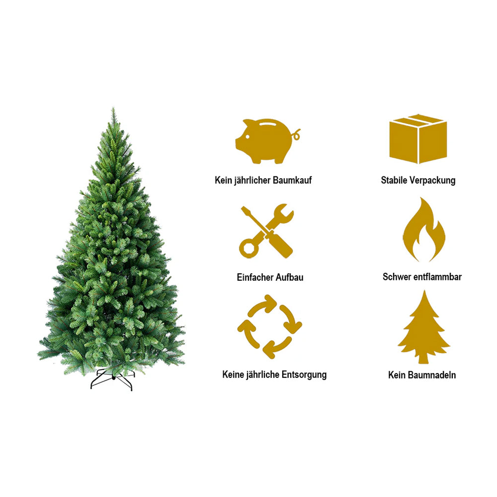 Kuenstlicher Weihnachtsbaum mit Symbolen: kein Baumkauf, einfacher Aufbau, schwer entflammbar. 270 cm