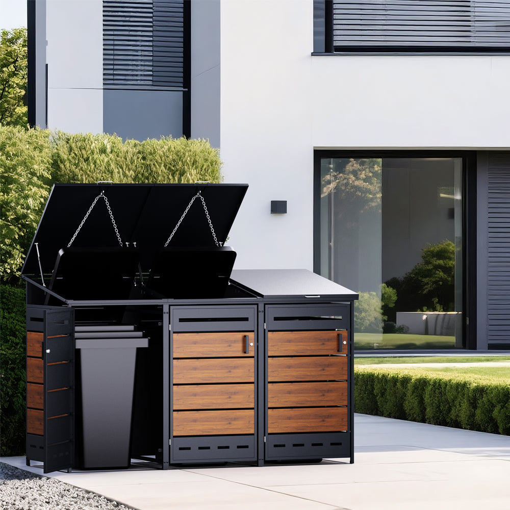 Mülltonnenbox mit Holzoptik, geöffneten Deckeln und sichtbarer Mülltonne.1