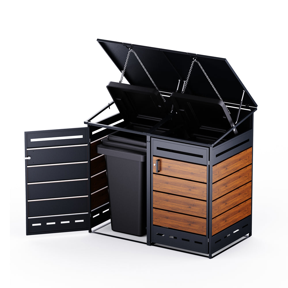 Mülltonnenbox mit Holzoptik und geöffneten Türen und Deckel zur einfachen Mülltonnenentnahme.1