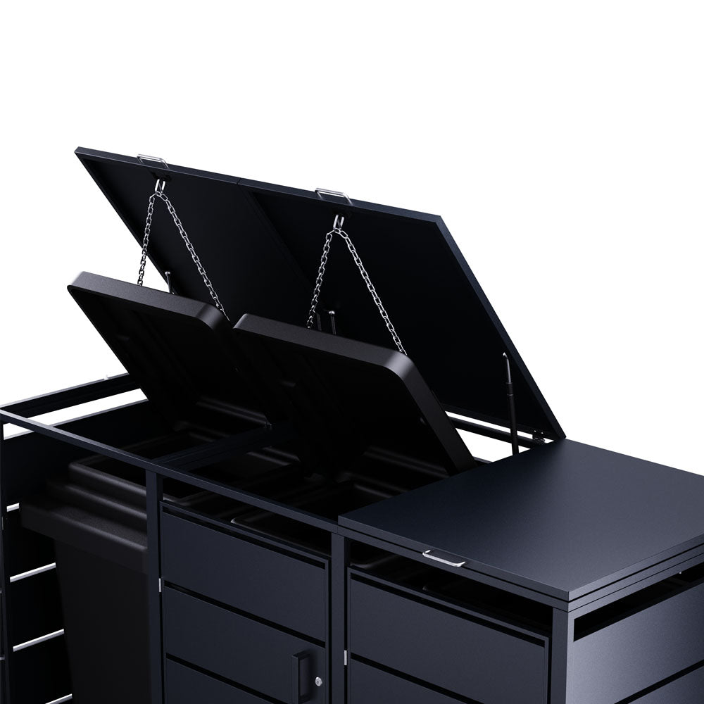 Mülltonnenbox mit geöffnetem Deckel für drei schwarze Tonnen – bequeme Befüllung durch Klappmechanik.1