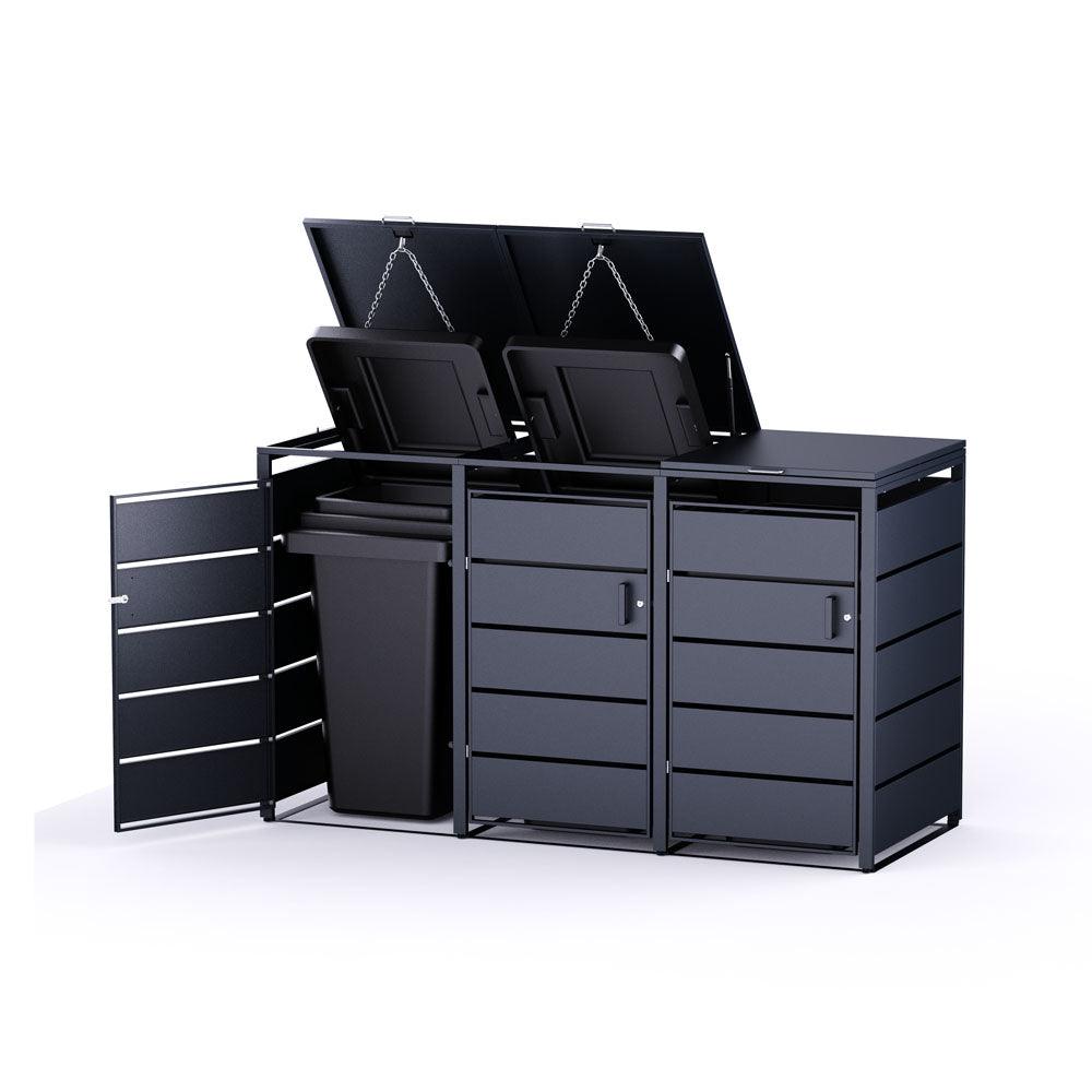 Mülltonnenbox mit geöffneten Türen und Deckeln – aus pulverbeschichtetem Stahl für drei Tonnen.1