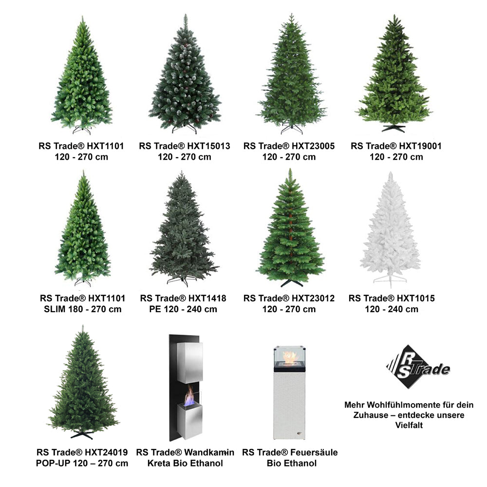 Uebersicht verschiedener kuenstlicher Weihnachtsbaeume mit Modellnamen, Groessen und Kaminprodukten. 270 cm