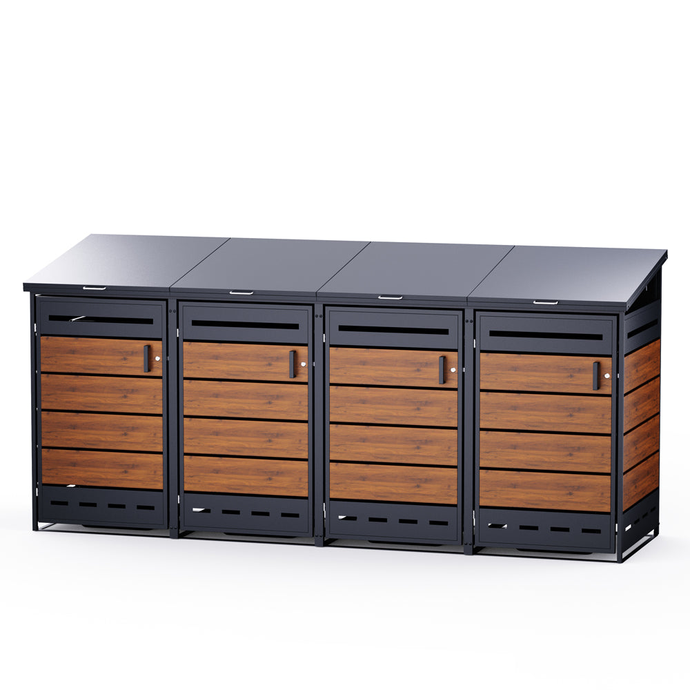 Vierfache Mülltonnenbox aus Metall und Holzoptik mit geschlossenen Türen und Deckeln.
