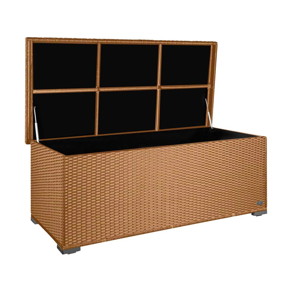 Große Auflagenbox aus Polyrattan in Naturfarbe mit aufklappbarem Deckel zur Aufbewahrung von Sitzauflagen.