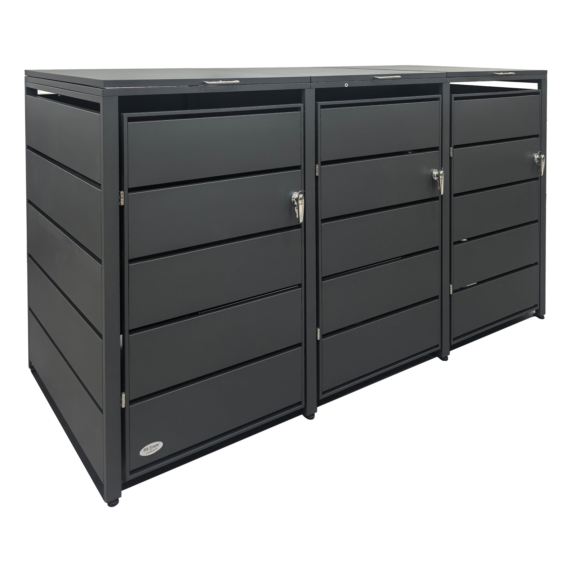 Abschließbare Mülltonnenbox aus Metall mit drei Kammern in modernem, geradlinigem Design.