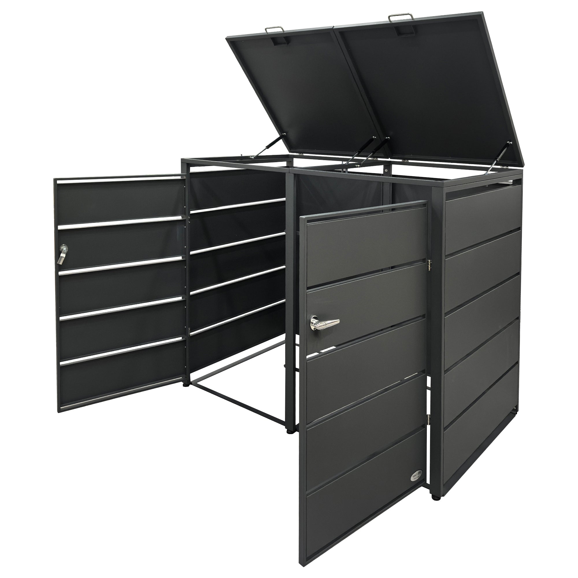 Geöffnete Mülltonnenbox aus Metall mit Klappdeckeln und weit geöffneten Fronttüren.