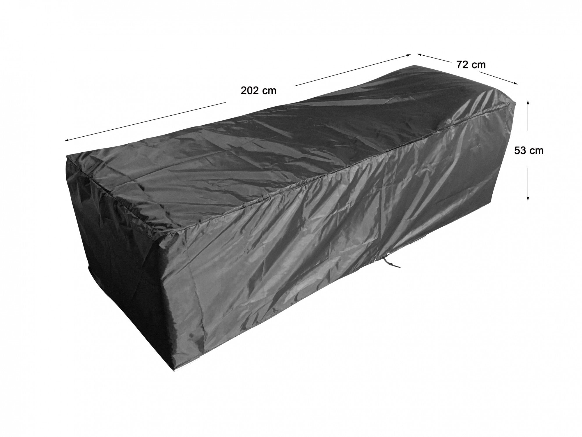 Schwarze Schutzhülle für Sonnenliege in Kastenform mit Maßangaben: 202 × 72 × 53 cm (L × B × H).