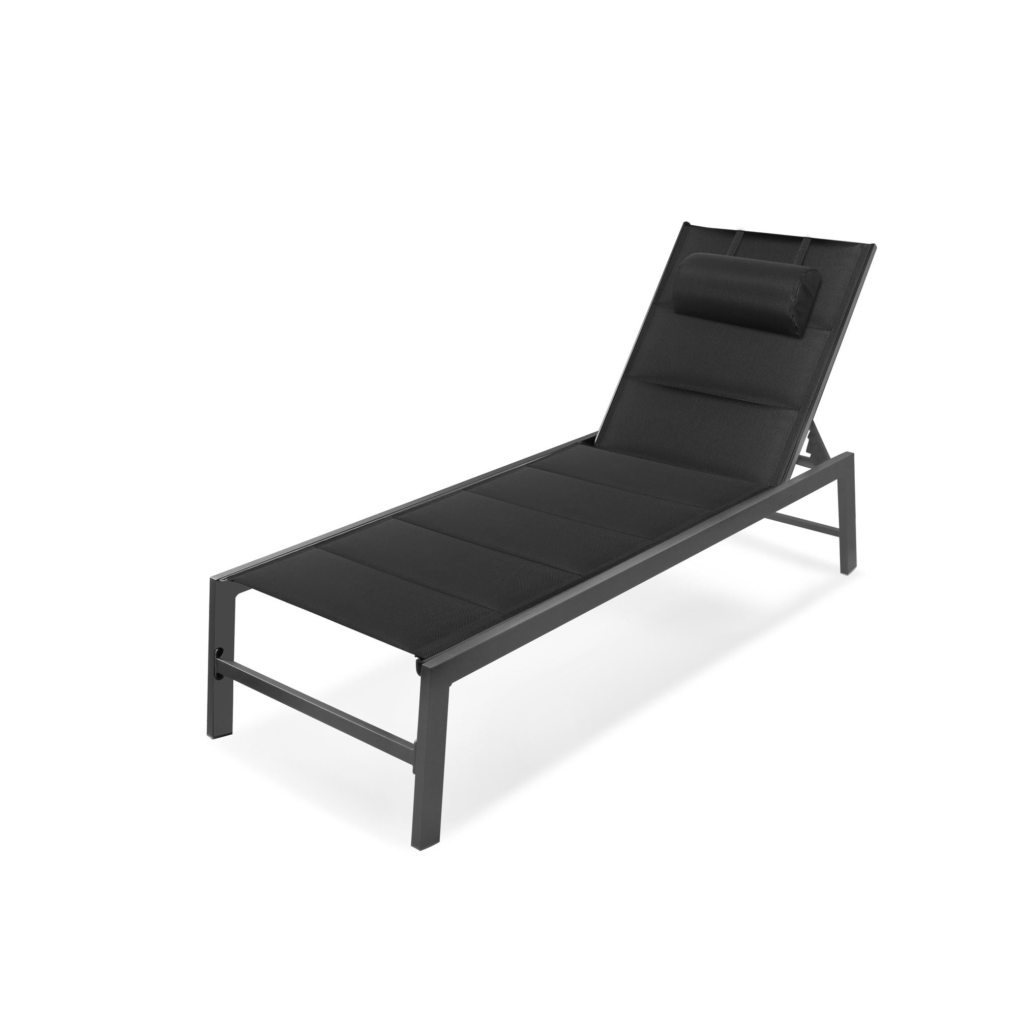 Schwarze Aluminium-Sonnenliege mit verstellbarer Rückenlehne und Kopfkissen in Seitenansicht ohne Armlehnen.