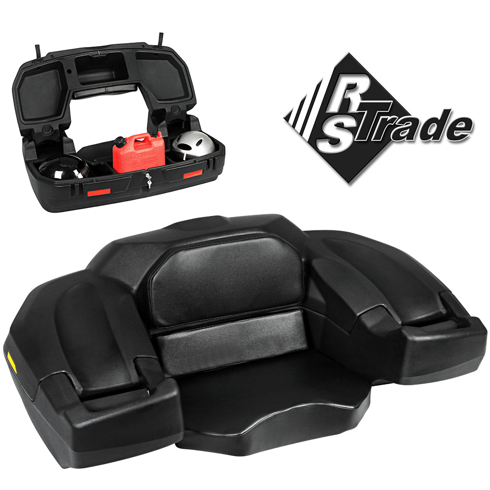 Schwarze ATV-Transportbox mit integriertem Sitzpolster, Stauraum und Sicherheitsschloss.