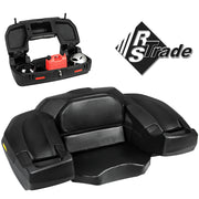 Schwarze ATV-Transportbox mit integriertem Sitzpolster, Stauraum und Sicherheitsschloss.
