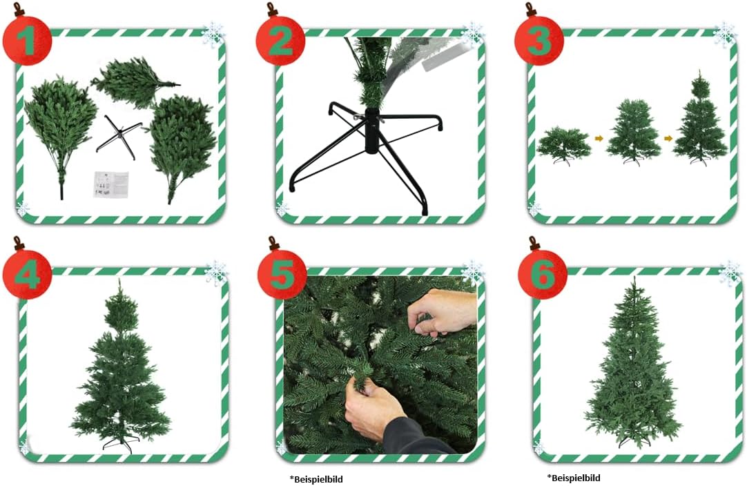Schritt-für-Schritt-Anleitung zum Aufbau eines künstlichen Weihnachtsbaums mit Bildern. 180 cm