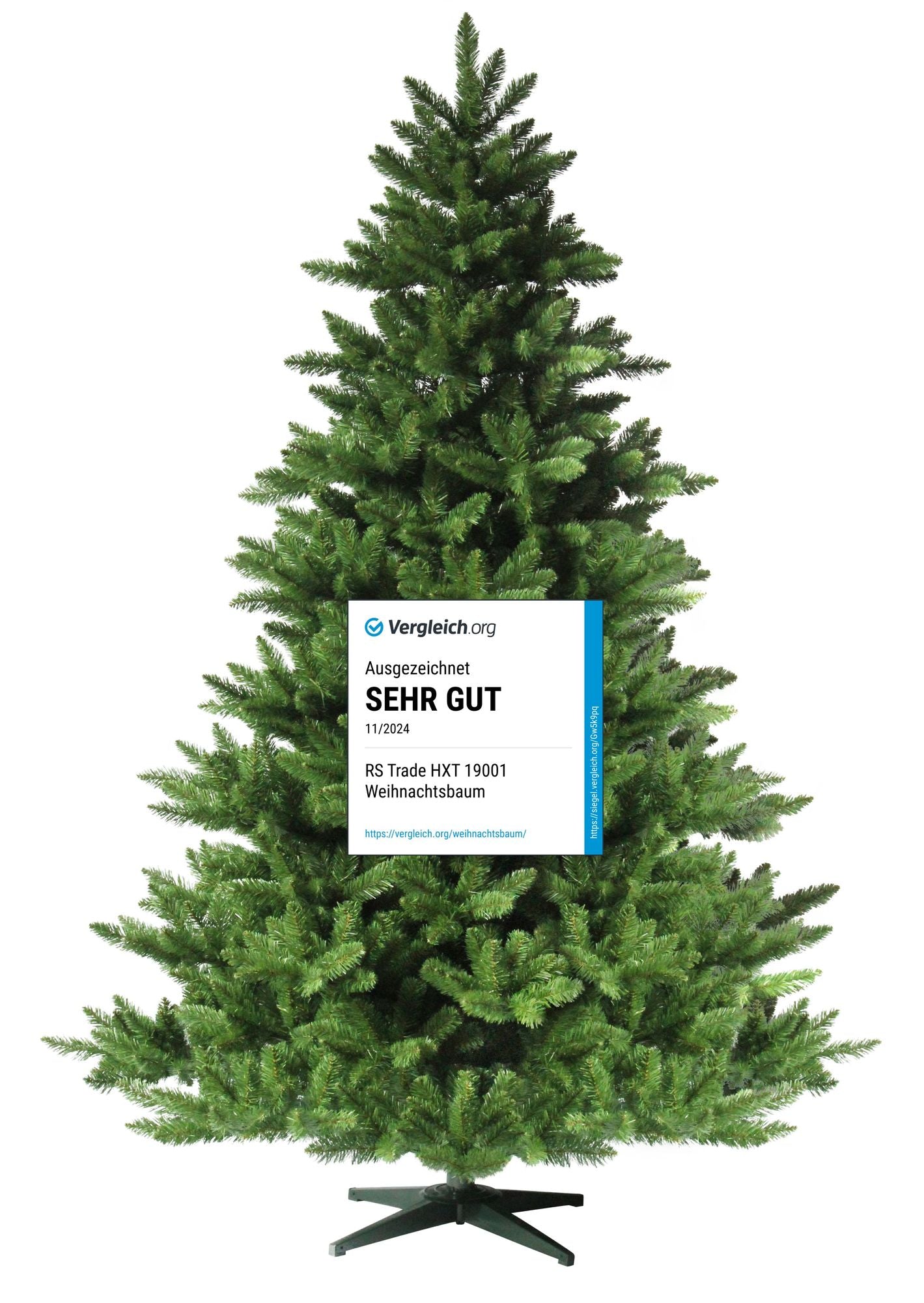 Künstlicher Tannenbaum mit Siegel "Sehr gut" am Stamm, dichtes Nadelwerk, schwarzer Kreuzfuß. 270 cm