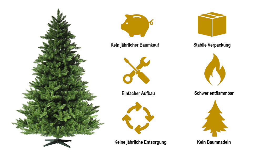 Kuenstlicher Weihnachtsbaum mit dichten dunkelgruenen Nadeln und feiner Aststruktur. 270 cm