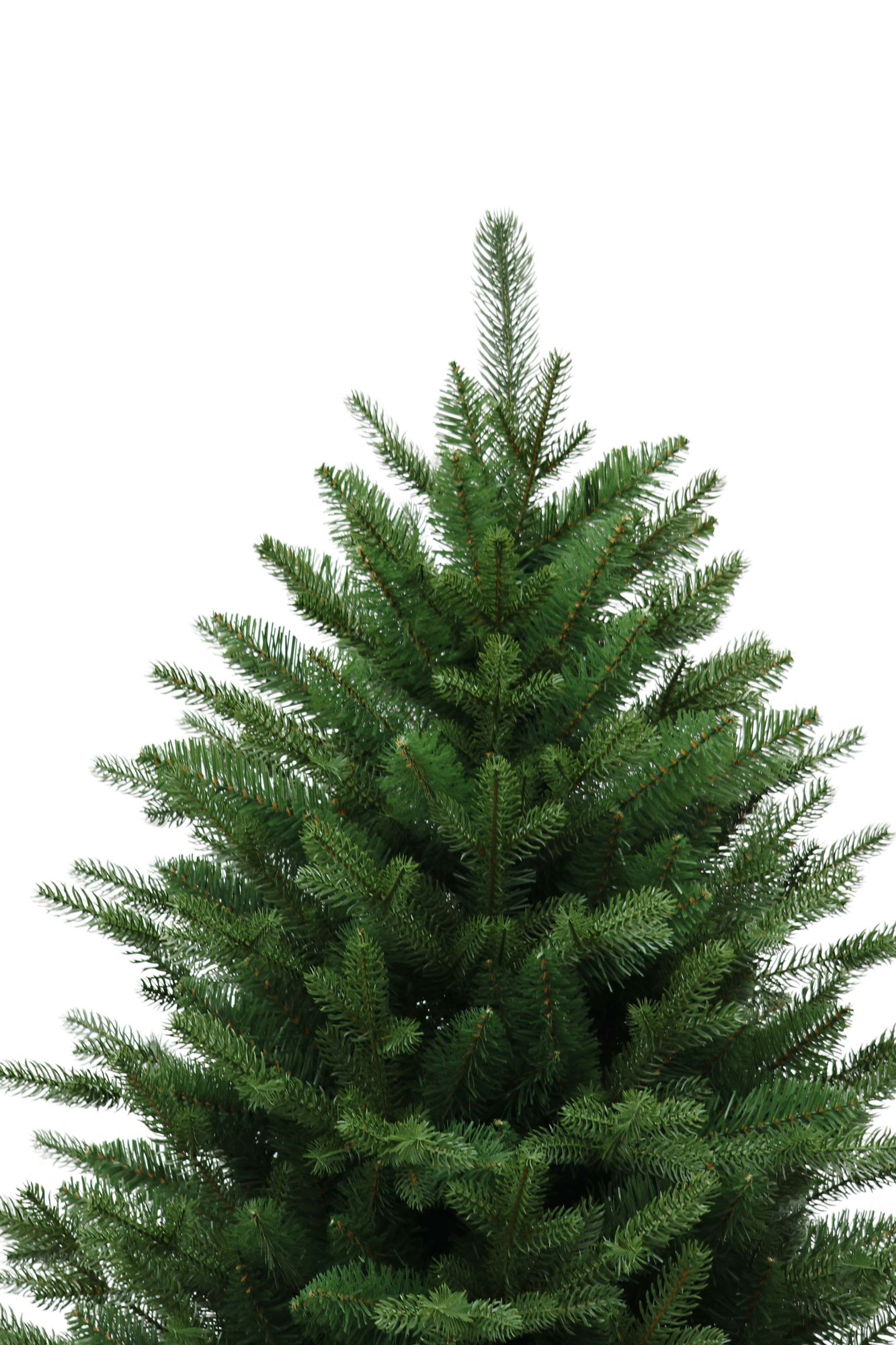 Spitze eines künstlichen Weihnachtsbaums mit dichter, grüner Tannennachbildung in Naturform. 180 cm