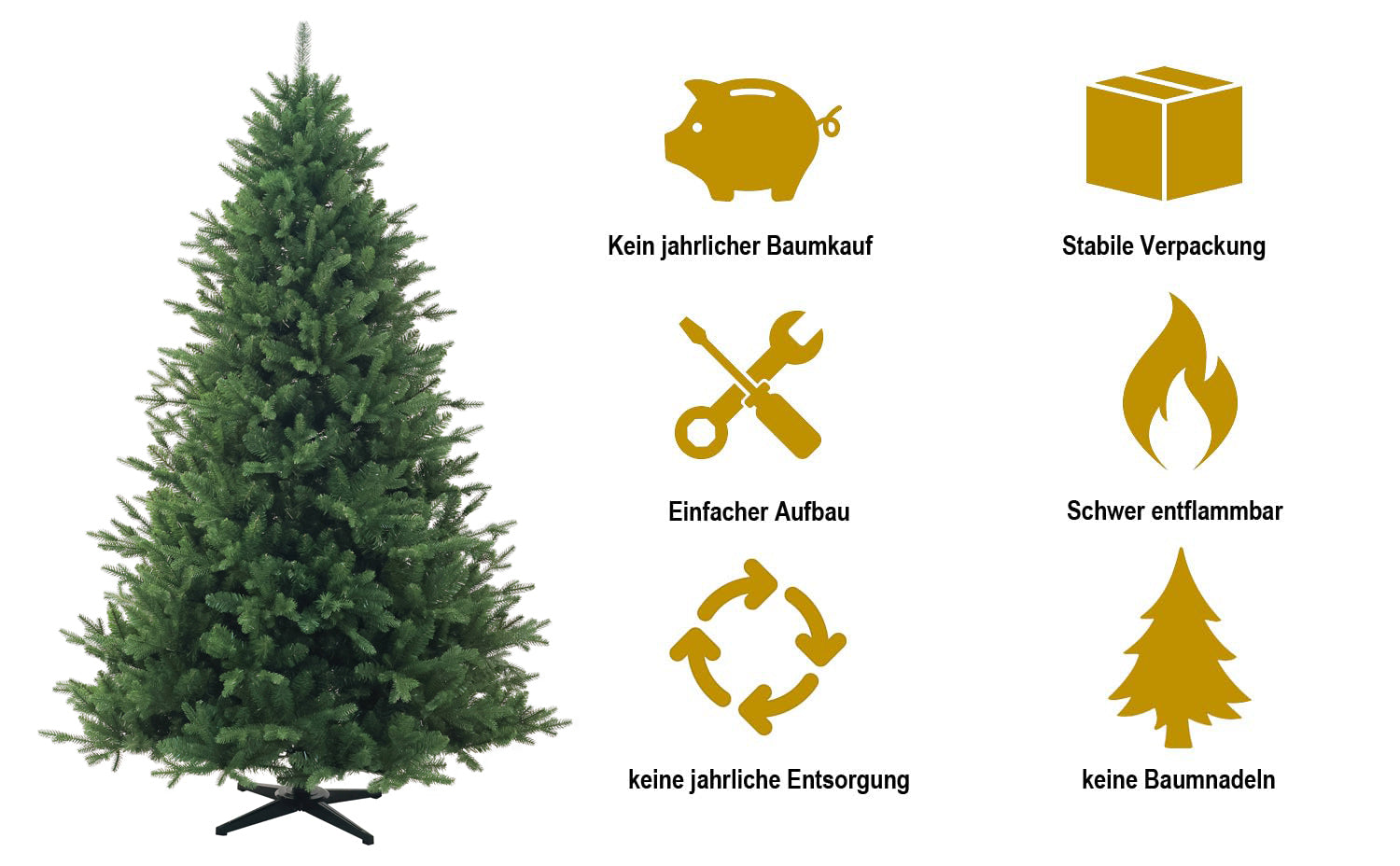 Künstlicher Weihnachtsbaum mit Symbolen für Vorteile: sicher, nachhaltig, wiederverwendbar, montagefreundlich. Pop Up 120 cm