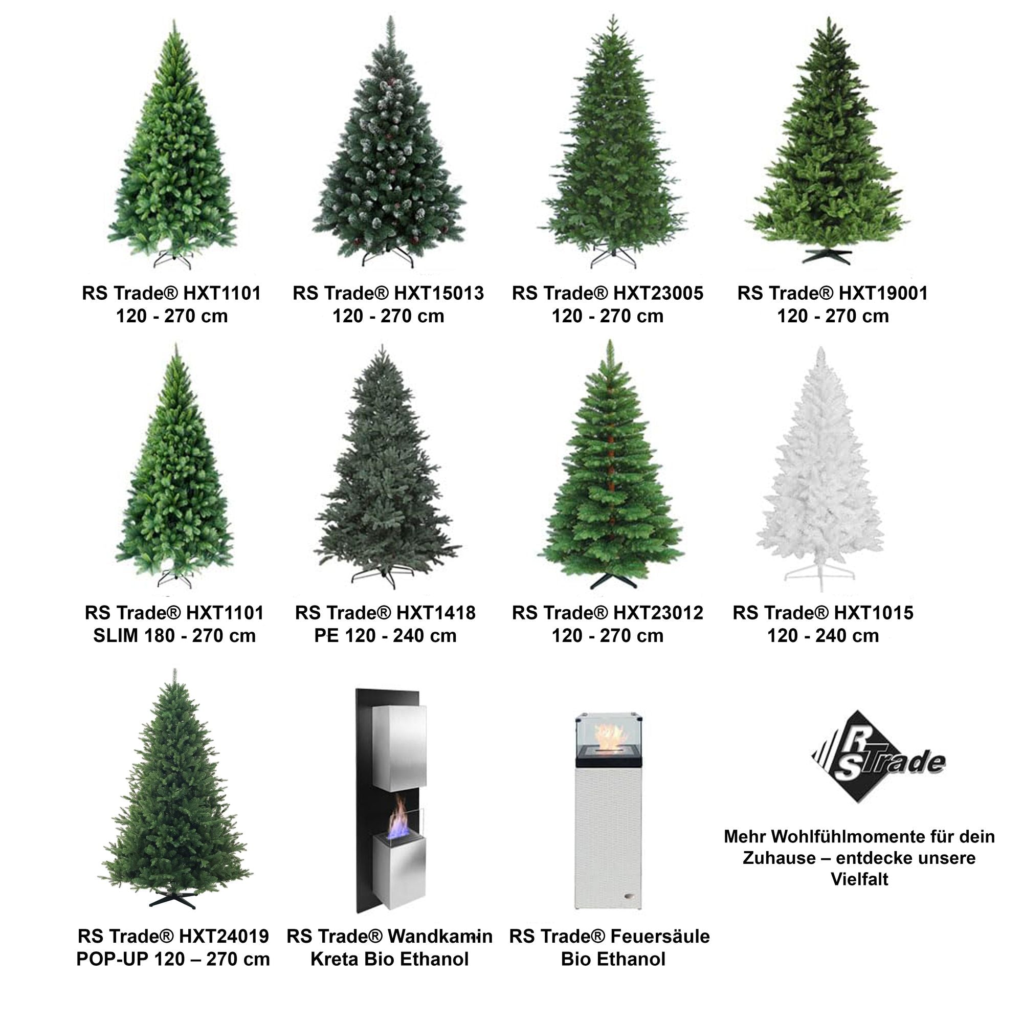 Übersicht verschiedener künstlicher Weihnachtsbäume in Farbe, Größe und Stil – ideal für jeden Bedarf.  Pop Up 180 cm