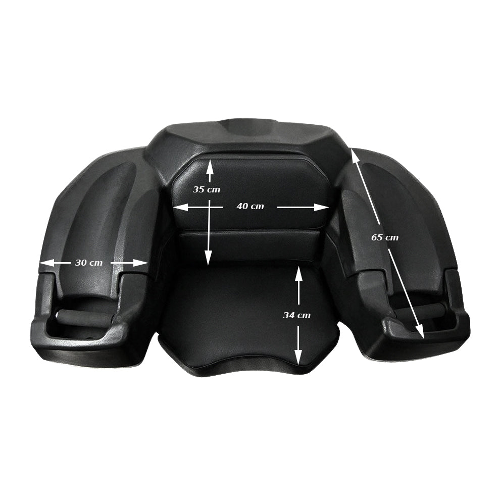 Schwarze ATV-Box mit ergonomischer Sitzfläche, Rückenlehne und Maßen in cm.