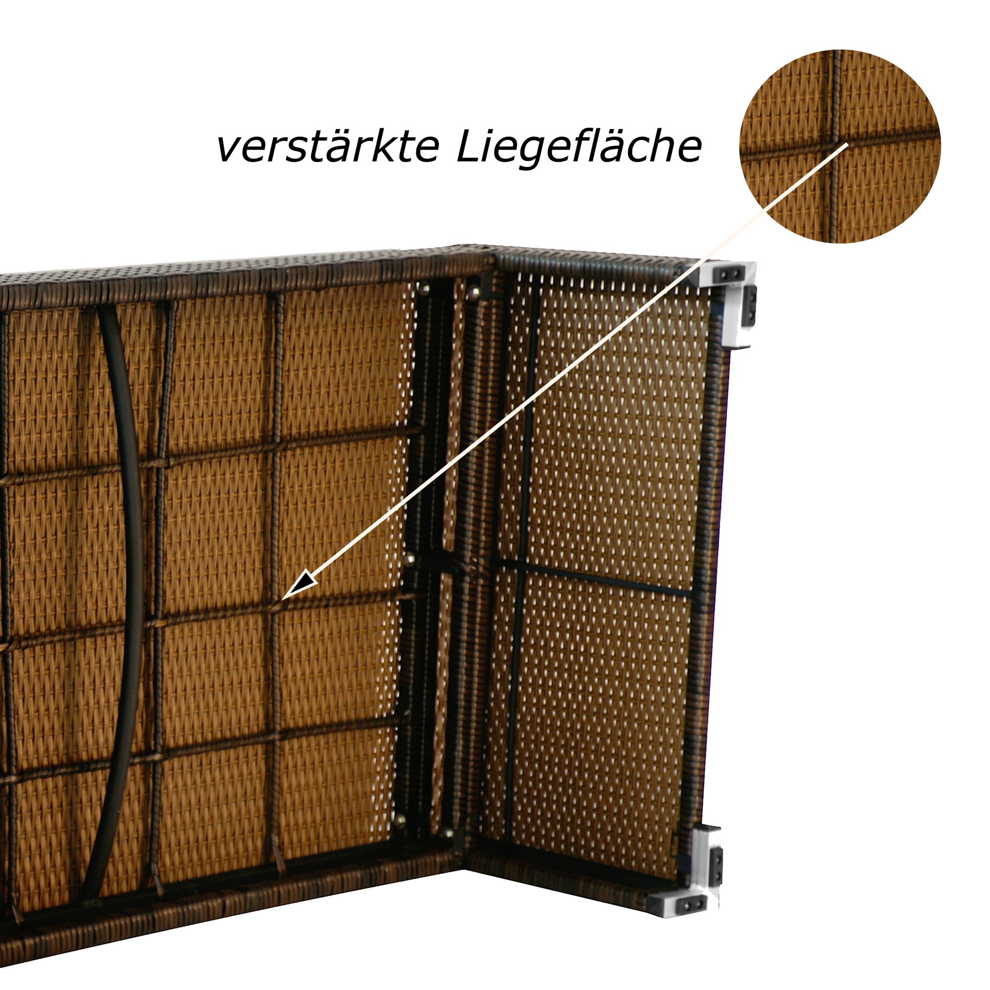 Verstärkte Liegefläche mit Rattan-Optik, Stahlstreben und stabilen Verstrebungen.