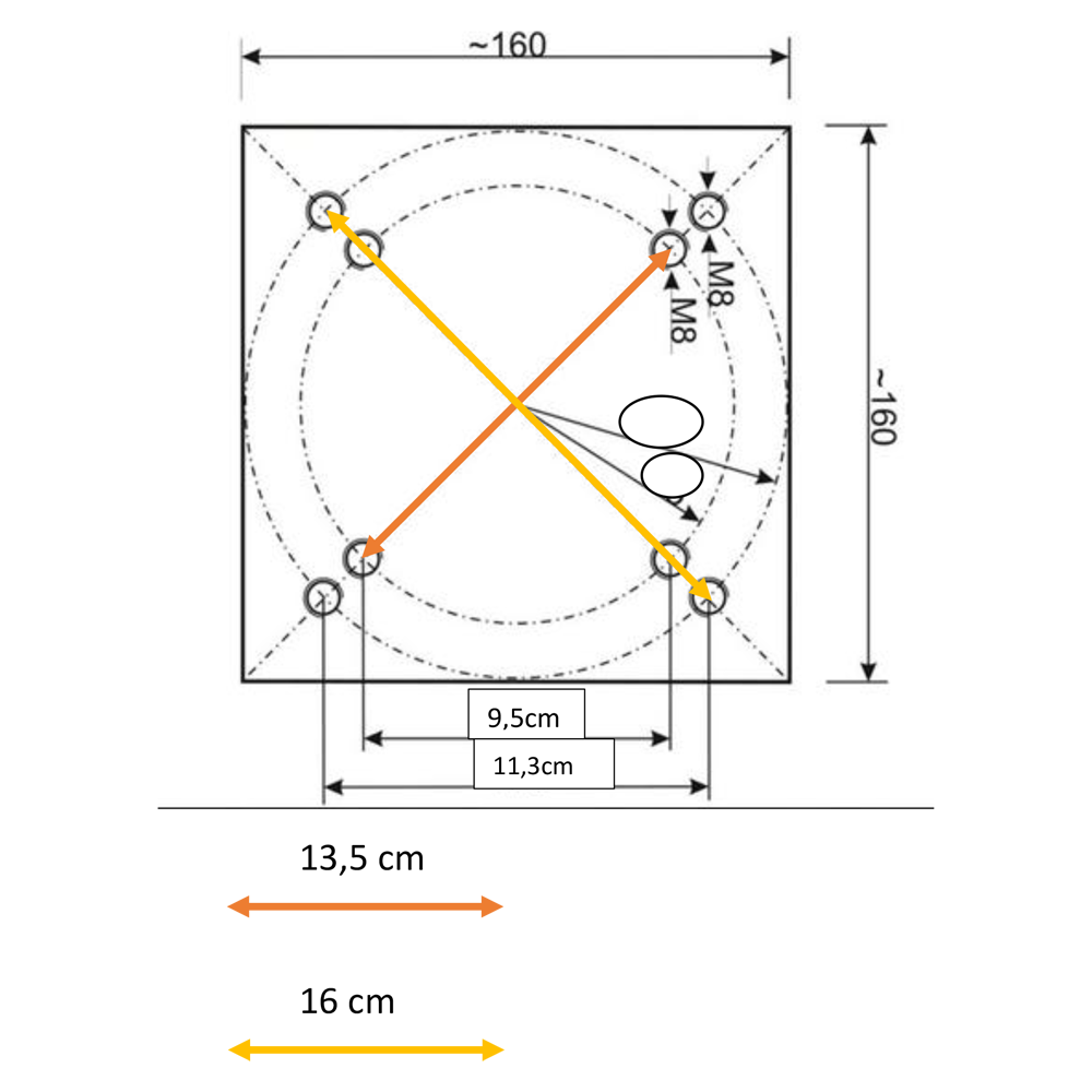 Technische Zeichnung mit Maßen einer Bodenhülse, Lochabständen und Bohrpunkten. Sandhell