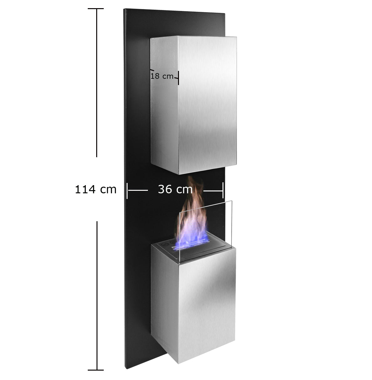 Moderner Bio-Ethanol-Wandkamin, Maße: 114 cm hoch, 36 cm breit, Flamme sichtbar, mit Glasscheibe.