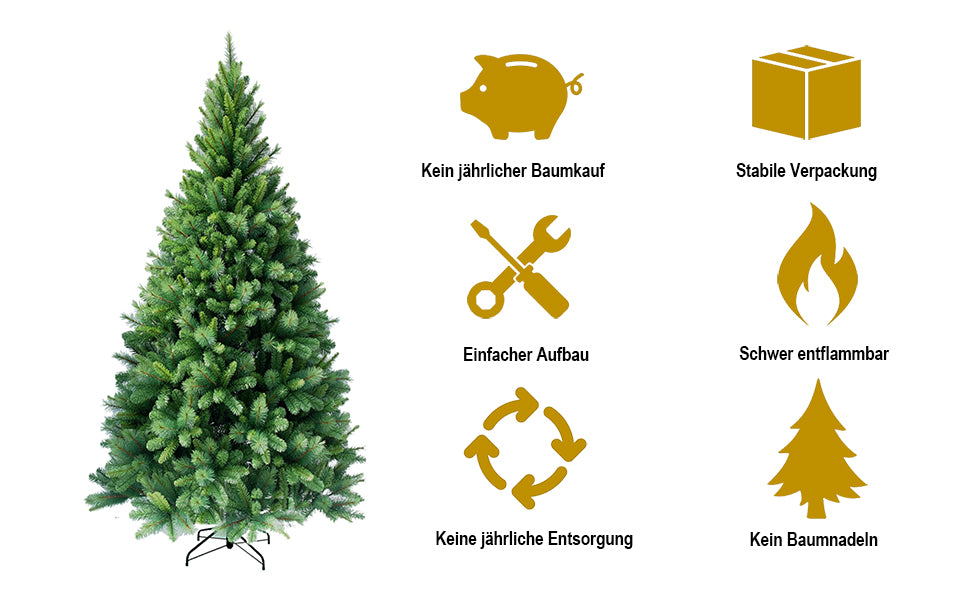 Kuenstlicher Weihnachtsbaum mit Symbolen kein Baumkauf stabil leicht aufzubauen schwer entflammbar. 195 cm