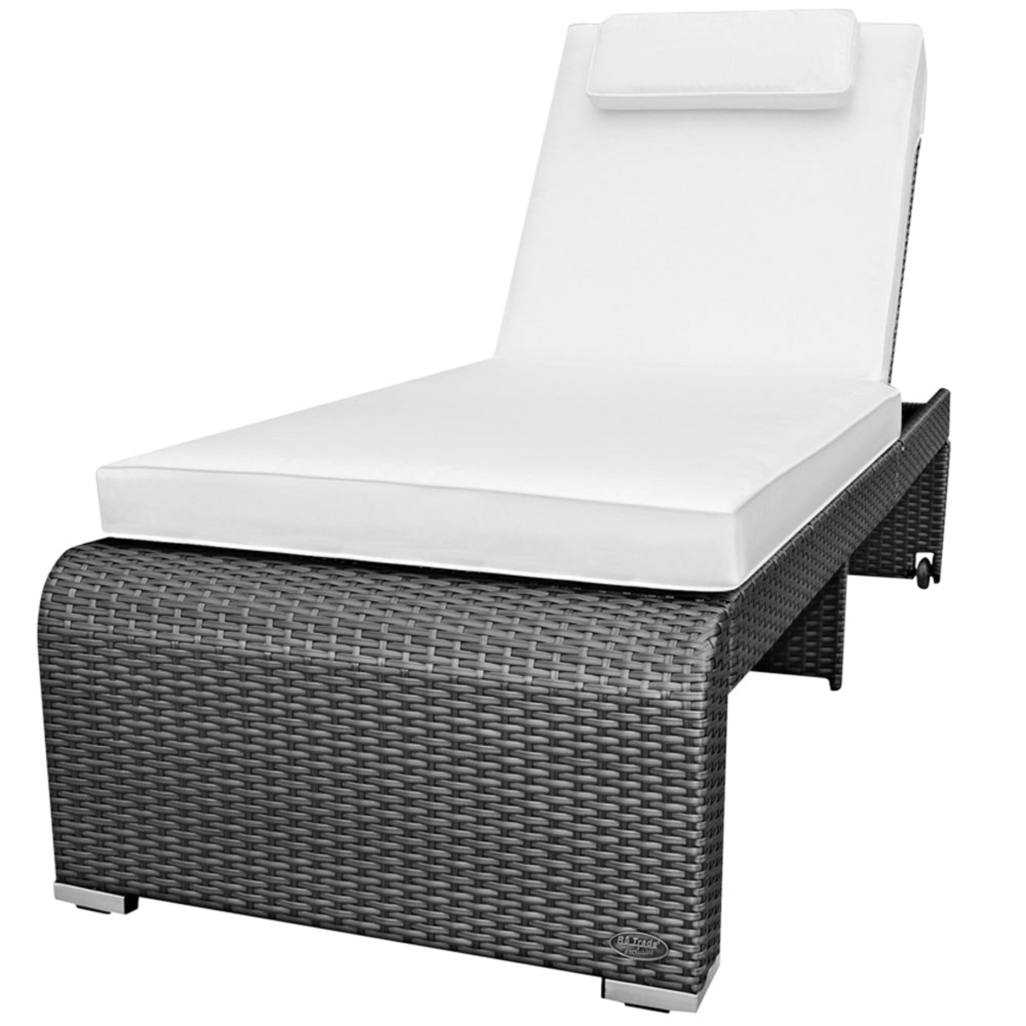 Silberne Poly-Rattan Sonnenliege mit weißer Polsterauflage und verstellbarer Rückenlehne
