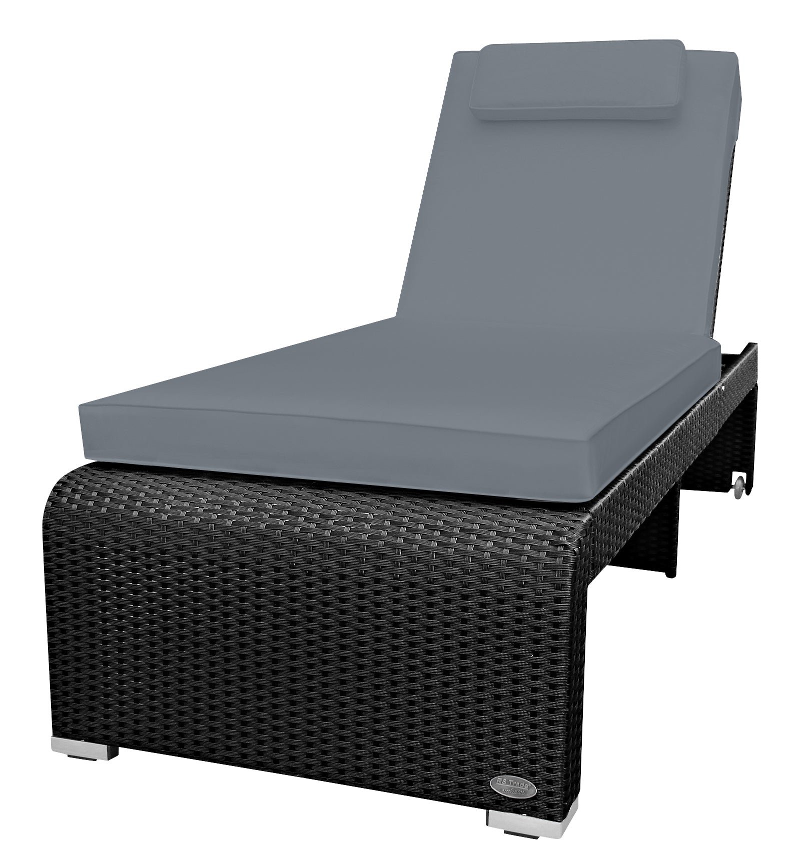 Schwarze Poly-Rattan Sonnenliege mit grauer Polsterauflage und verstellbarer Rückenlehne. 