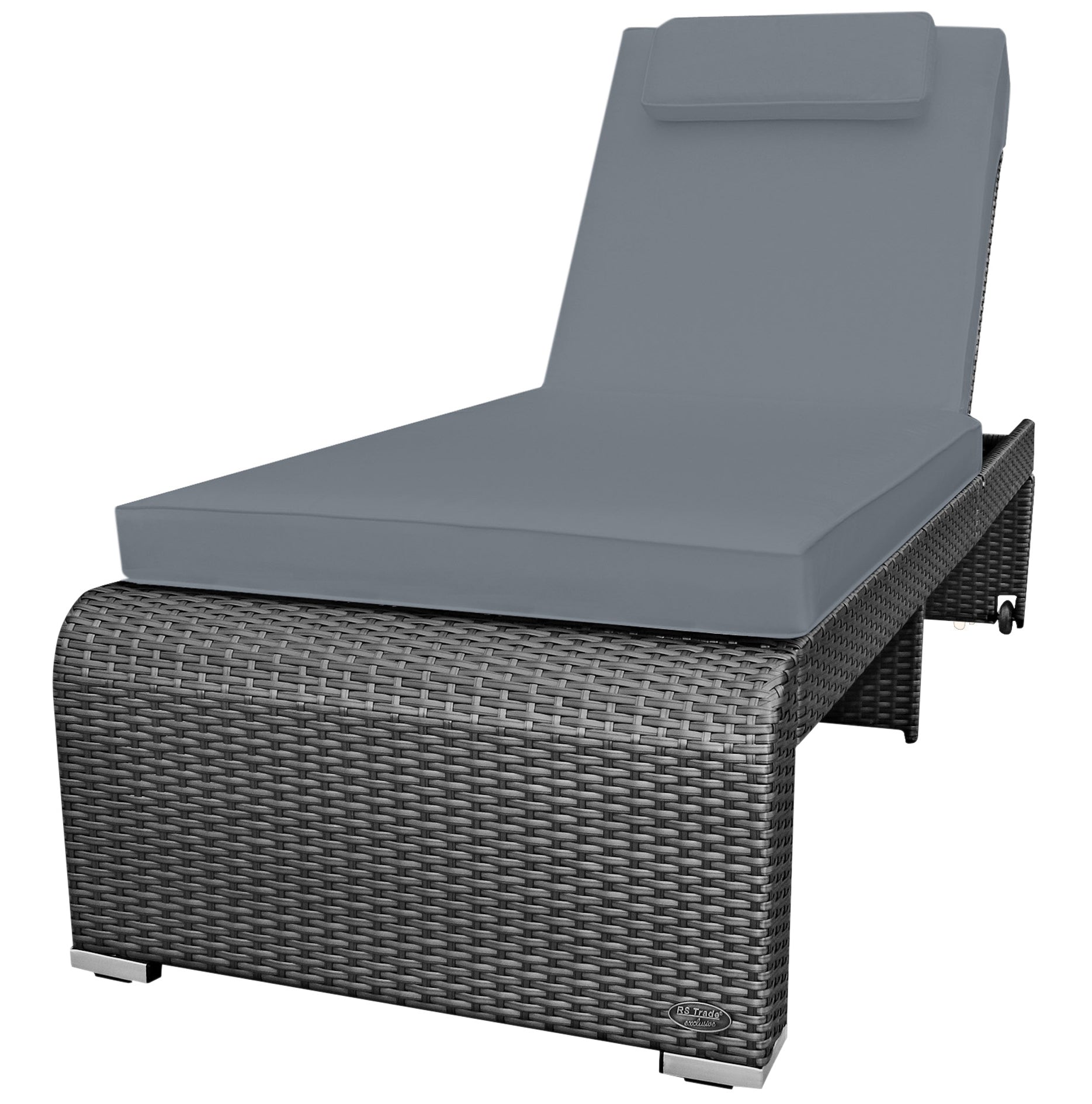 Graue Poly-Rattan Sonnenliege mit grauer Polsterauflage und verstellbarer Rückenlehne.