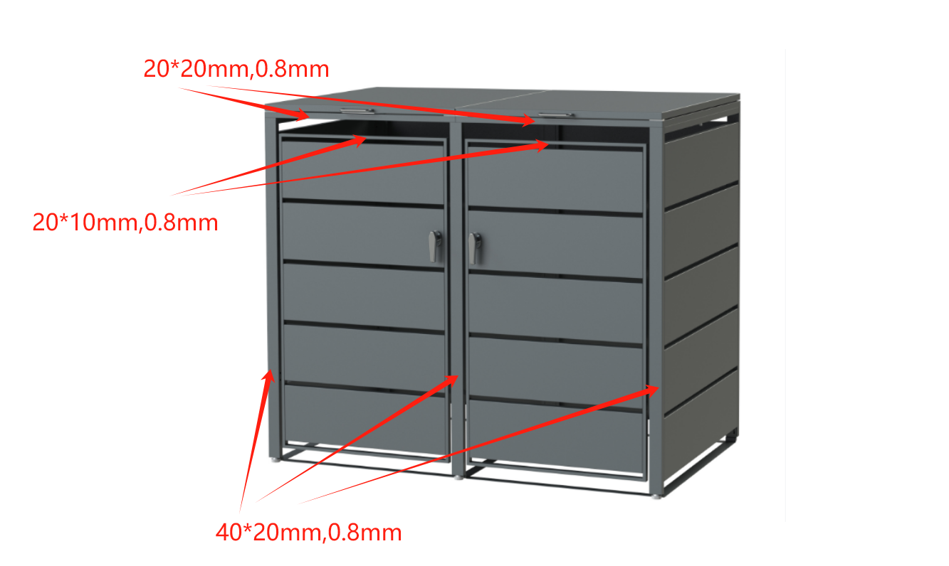 Anthrazitfarbene Mülltonnenbox aus Metall mit Maßangaben und Doppeltür-Design
