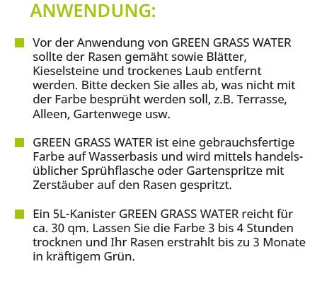 Anleitung zur Anwendung von Green Grass Water, bebildert mit Text und Symbolen. 10L