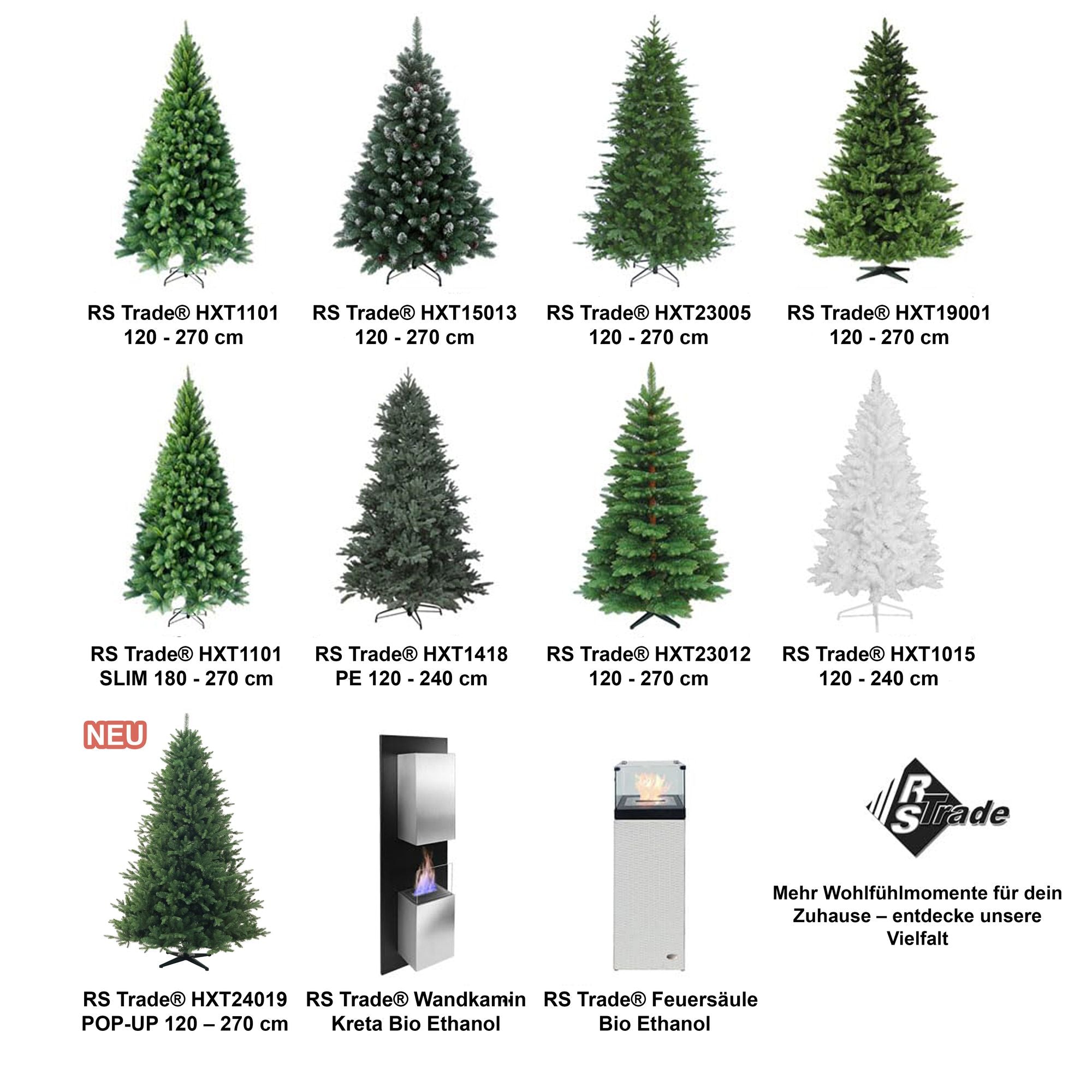 Uebersicht von kuenstlichen Weihnachtsbaeumen in verschiedenen Groessen und Modellen darunter auch Kamine. 195 cm