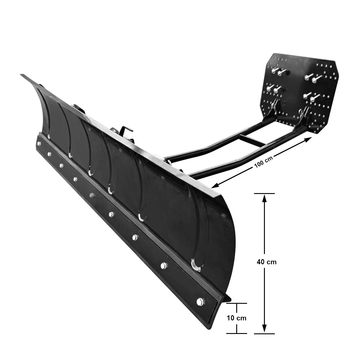 Schwarzer Schneepflug mit 150 cm breitem Stahlschild, 5 mm Grundplatte, 100 cm langem Rohr.