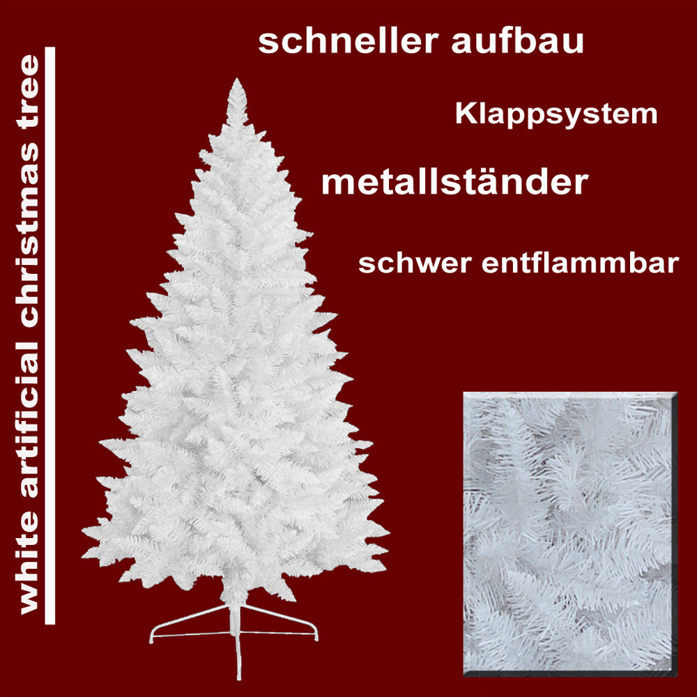 Weißer künstlicher Weihnachtsbaum, schwer entflammbar, mit Metallständer und Klappsystem. 240 cm
