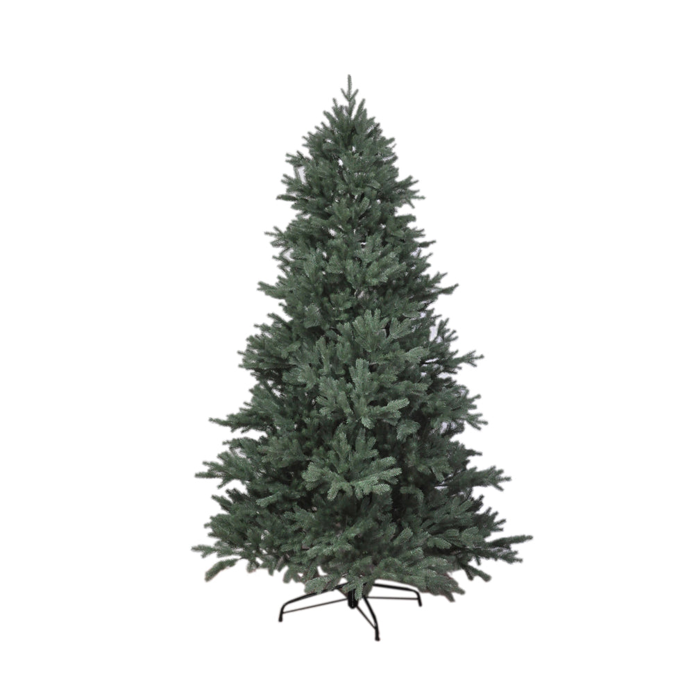 Kuenstlicher Weihnachtsbaum mit dunklen grünen Nadeln, dichten Zweigen und Metallständer. 180 cm