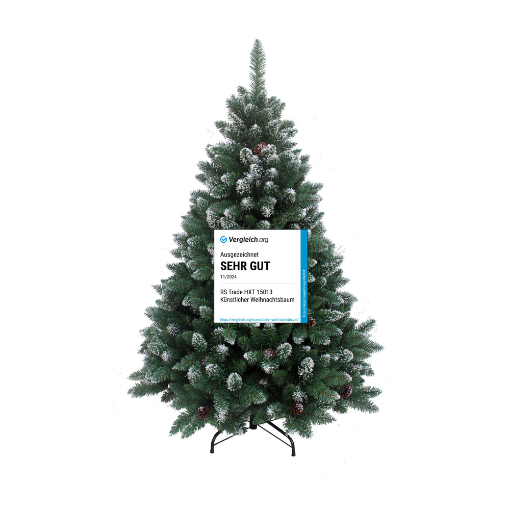 Künstlicher Weihnachtsbaum mit Schneespitzen, Tannenzapfen und „Sehr gut“-Testsiegel am Stamm. 180 cm
