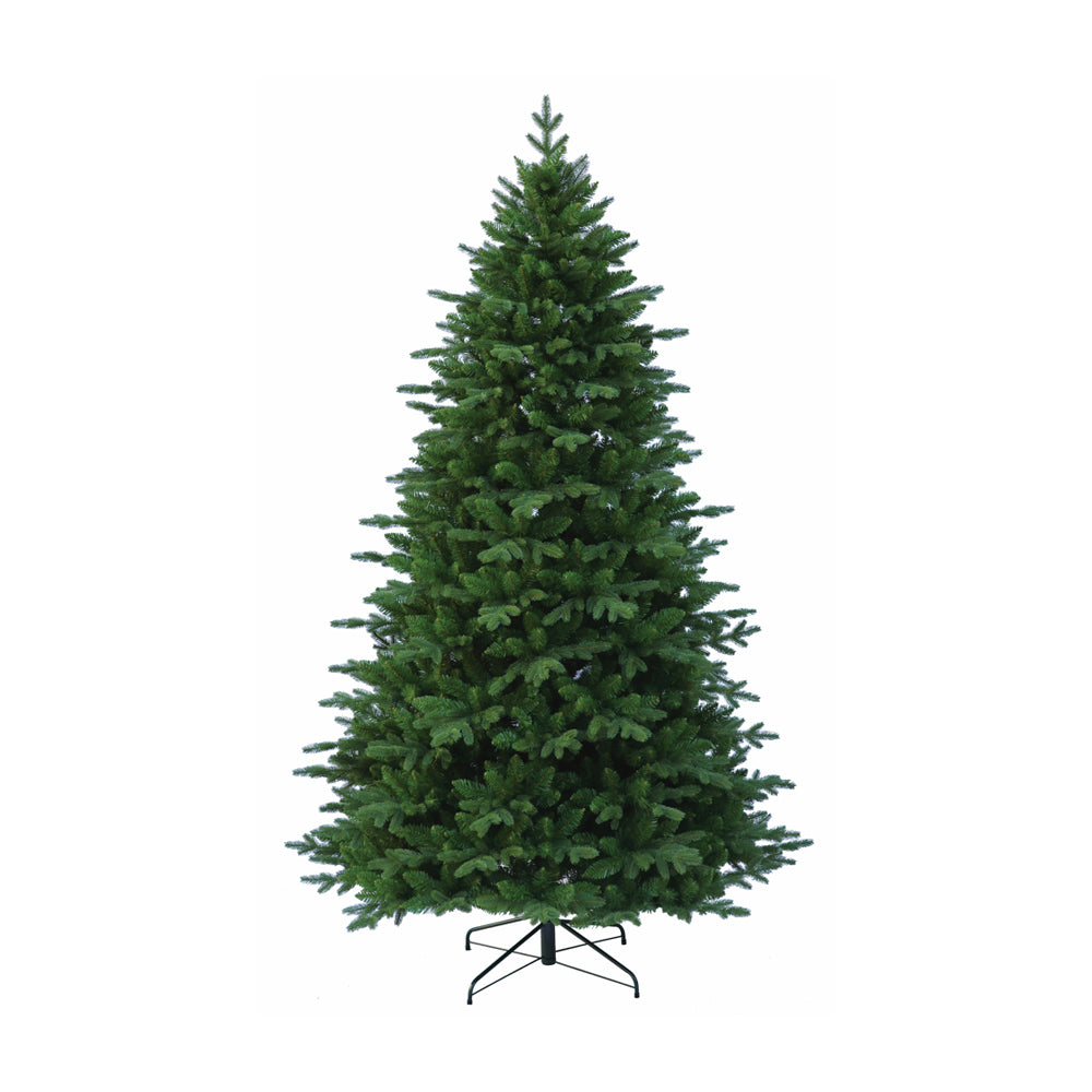 Künstlicher Weihnachtsbaum mit dichten, grünen Zweigen, auf schwarzem Metallständer stehend. 270 cm