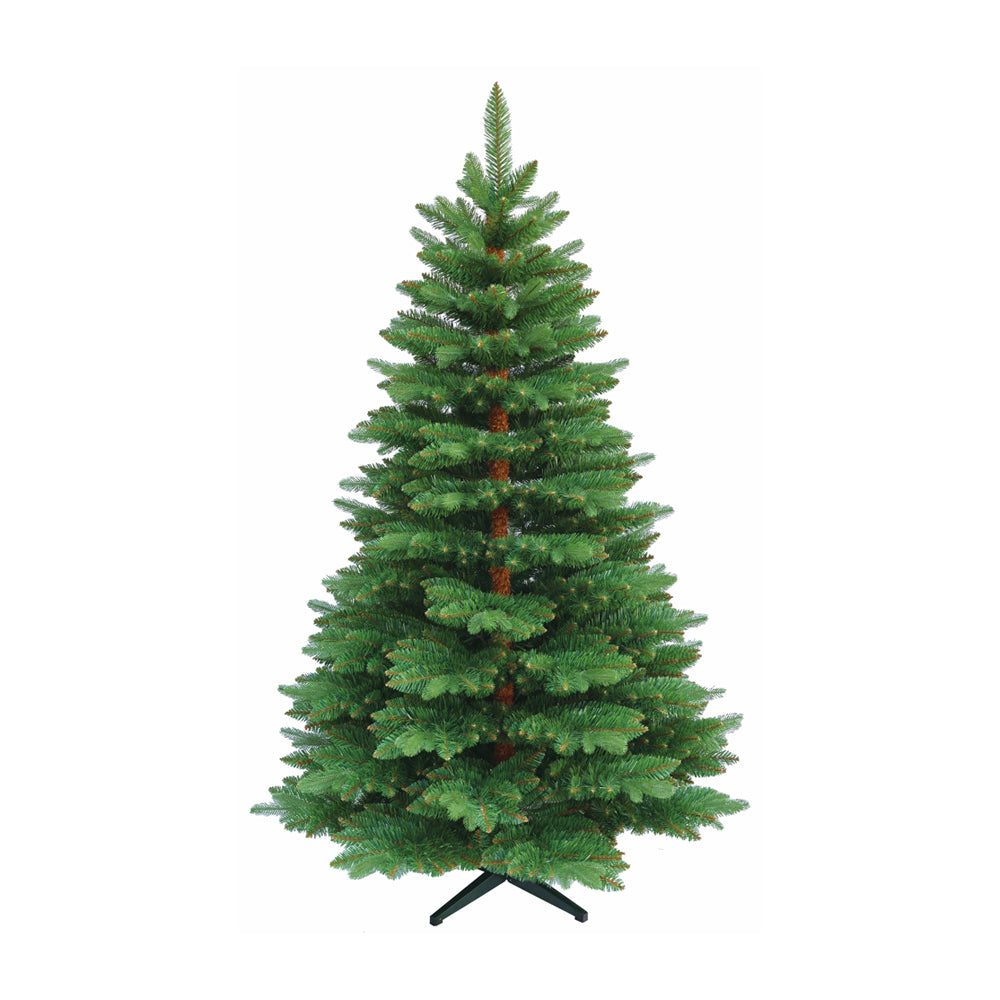 Grüner künstlicher Weihnachtsbaum mit breiten Zweigen, auf schwarzem Baumständer stehend. 210 cm