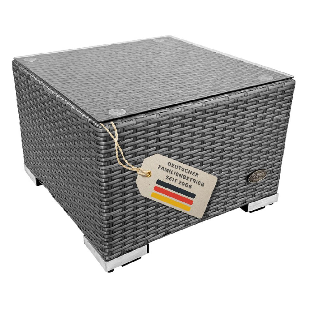 Grauer Polyrattan Beistelltisch mit Glasplatte für Garten, Balkon und Terrasse